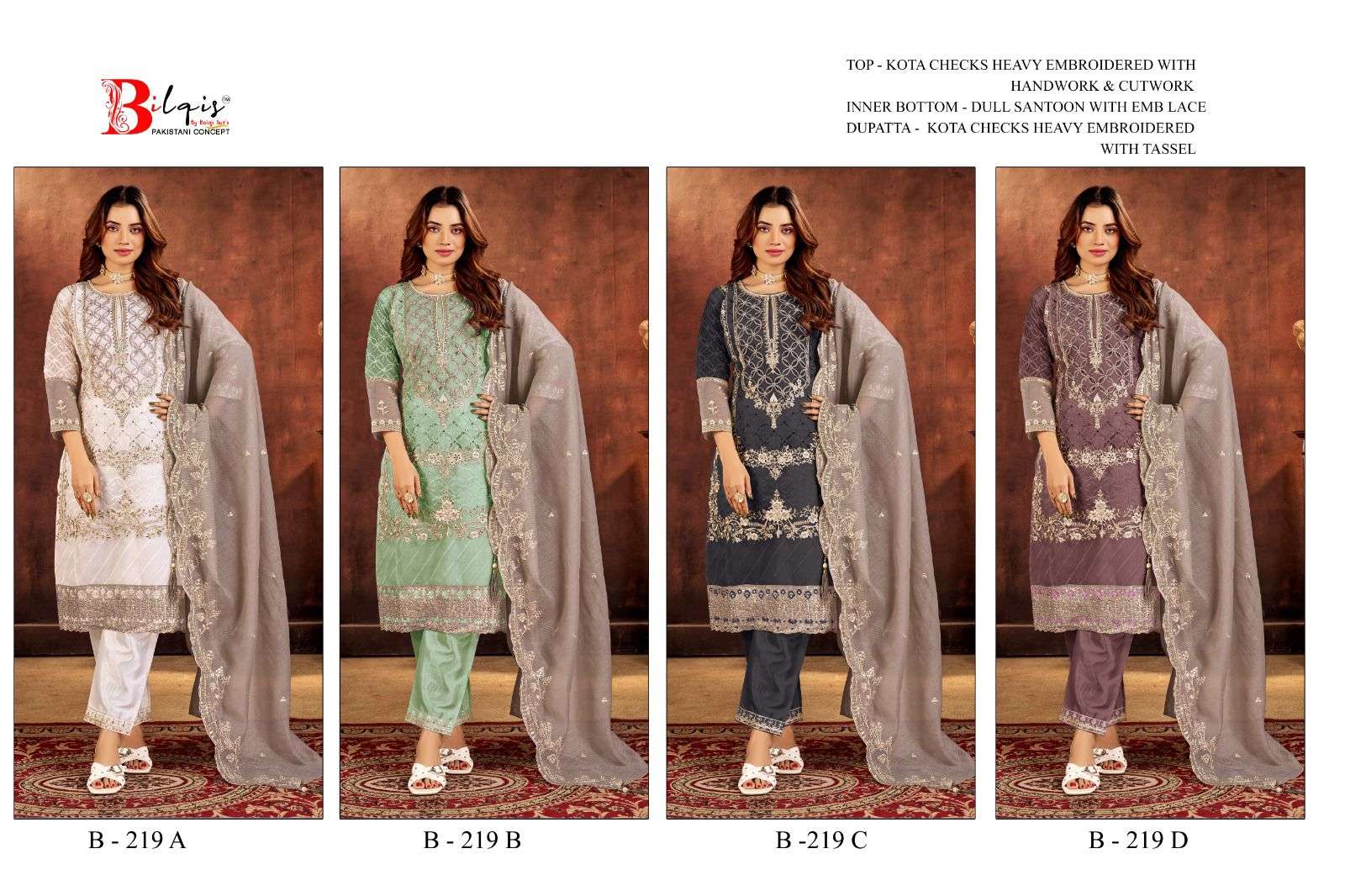BILQIS B 219 KOTA CHECKS HEAVY WORK PAKISTANI TYPE SUIT MATERIAL SET FESTIVAL EXPORT